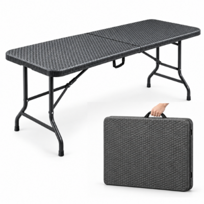 Rijoka Klaptafel Inklapbare Campingtafel - 70x180cm - Rattan Design - 6 tot 8 Personen - Antraciet