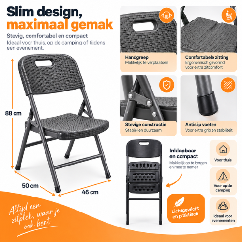 Rijoka Inklapbare Stoelen Met Rattan Design | 4 stuks | Antraciet - Afbeelding 4