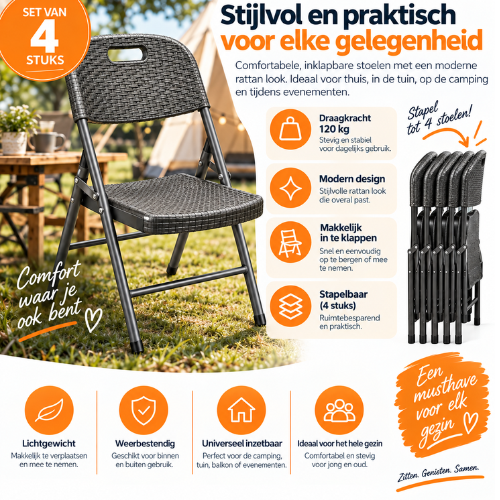 Rijoka Inklapbare Stoelen Met Rattan Design | 4 stuks | Antraciet - Afbeelding 2