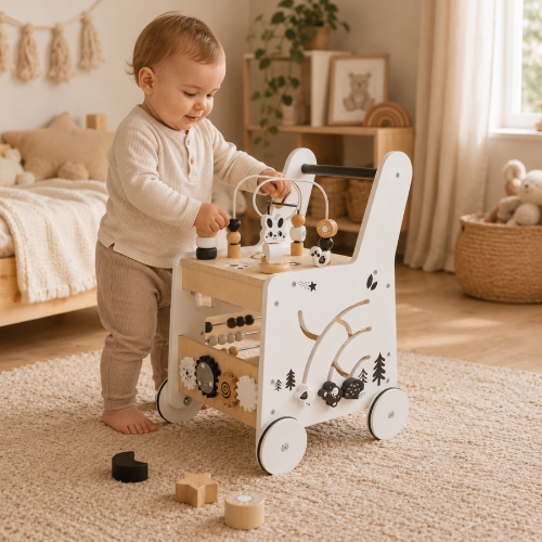 Rijoka Loopwagen Kubus Hout voor Baby +/- 1 jaar | Babywalker | Educatieve looptrainer | 33 x 33 x 47cm | Wit - Afbeelding 2