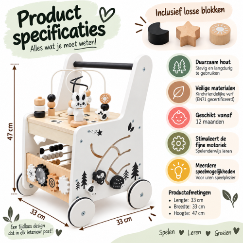 Rijoka Loopwagen Kubus Hout voor Baby +/- 1 jaar | Babywalker | Educatieve looptrainer | 33 x 33 x 47cm | Wit - Afbeelding 3