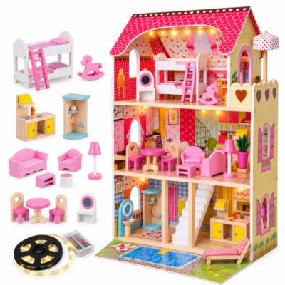 Rijoka Houten Poppenhuis LED Verlichting | Meubelset 15pcs | 3 Verdiepingen | 60x33x90cm