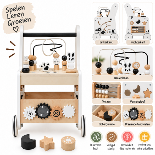 Rijoka Loopwagen Kubus Hout voor Baby +/- 1 jaar | Babywalker | Educatieve looptrainer | 33 x 33 x 47cm | Wit - Afbeelding 4
