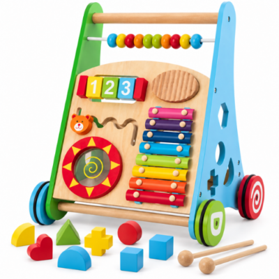 Rijoka Loopwagen Hout voor Baby +/- 1 jaar | Babywalker | Educatieve looptrainer | Anti-Slip wieltjes | 38 x 32 x 46cm - Multicolor