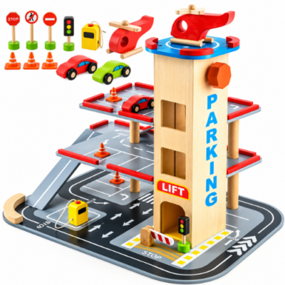 Rijoka Houten Parkeergarage - Parking met lift - Inclusief accessoires - 48x36x42cm