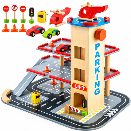 Rijoka Houten Parkeergarage - Parking met lift - Inclusief accessoires - 48x36x42cm