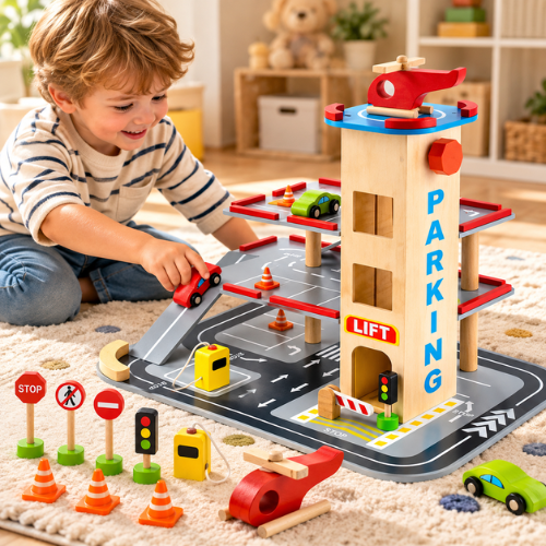 Rijoka Houten Parkeergarage - Parking met lift - Inclusief accessoires - 48x36x42cm - Afbeelding 2
