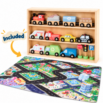 Houten Speelgoed Trein en Speelgoed auto's | Inclusief Speelmat | 15-accessoires