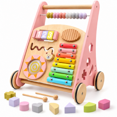 Rijoka Loopwagen Hout voor Baby +/- 1 jaar | Babywalker | Educatieve looptrainer | Anti-Slip wieltjes | 38 x 32 x 46cm - Roze