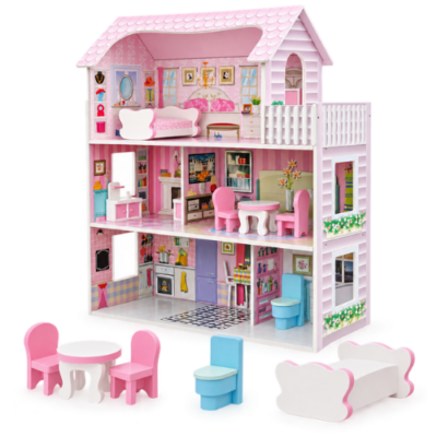 Rijoka Houten Poppenhuis Classic Roze | Meubelset 8pcs | 3 Verdiepingen | 62x27x70cm