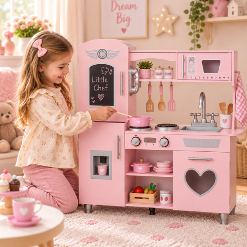Rijoka Houten Speelkeuken - Roze met Hart - Kinderkeuken - 85x33x89cm - Afbeelding 2
