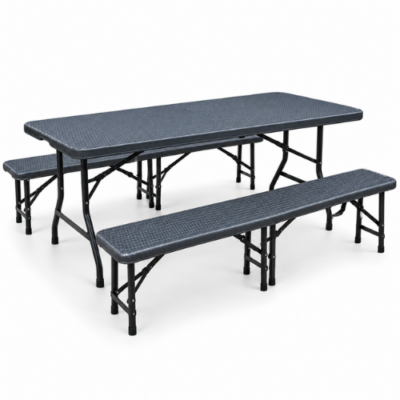 Rijoka Inklapbare Picknicktafel - Rattan Design - Klaptafel met 2 Klapbanken - Biertafel 6 tot 8 personen - Draagkracht 150kg - Antraciet