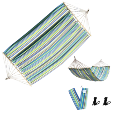 Rijoka Hangmat Large met Spreidstok - 200x140cm - Groen/Blauw/Bruin Gestreept - 1 Persoons - Incl. 2 Haken, Touw én Opbergzak - Jungle