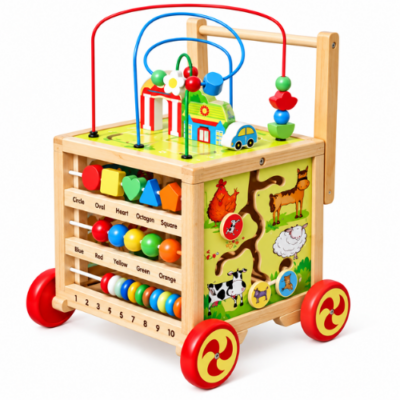 Rijoka Loopwagen Kubus Hout voor Baby +/- 1 jaar | Babywalker | Educatieve looptrainer | 33 x 33 x 47cm | Multicolor