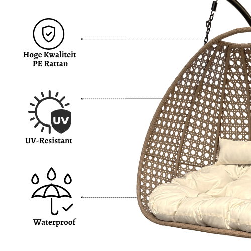 Rijoka Hangstoel Dubbel Eggy Super Star Schommelstoel - Beige Rattan- 2persoons - Afbeelding 2
