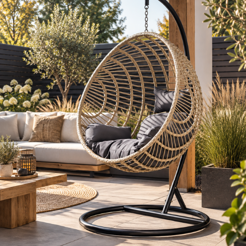 Rijoka Hangstoel Round Schommelstoel - Beige Rattan - Afbeelding 11