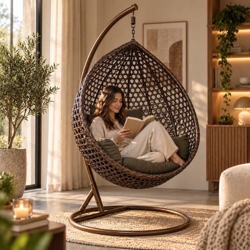 Rijoka Hangstoel Eggy Super Star Schommelstoel - Coffee Brown Rattan - Afbeelding 9