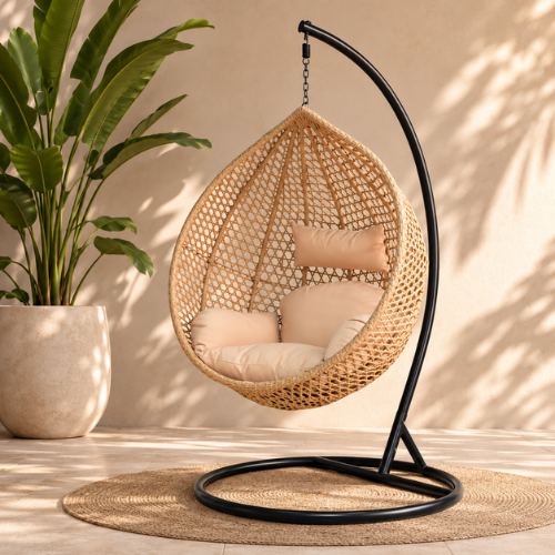 Rijoka Hangstoel Eggy Super Star Schommelstoel - Beige Rattan - Afbeelding 8