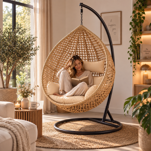 Rijoka Hangstoel Eggy Super Star Schommelstoel - Beige Rattan - Afbeelding 9